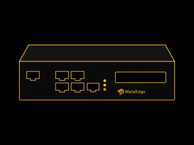 Gold line drawing of the PBC 124-C seen from slightly above, with its Ethernet ports, status lights, expansion slot and MaiaEdge logo